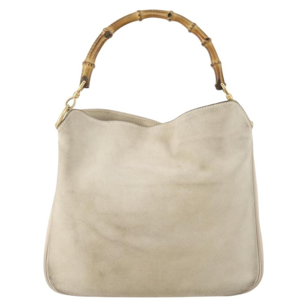 Gucci Bamboo Suede Shoulder Bag Ivory Gold 001 White